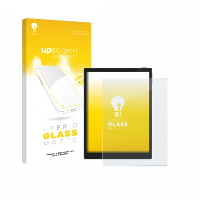 Parte frontal de un envase de producto con el logotipo de la marca upscreen. Al lado se muestra el dispositivo Hannspree Lumo 