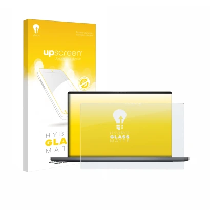 Parte frontal de un envase de producto con el logotipo de la marca upscreen. Al lado se muestra el dispositivo Dell XPS 14 DA1