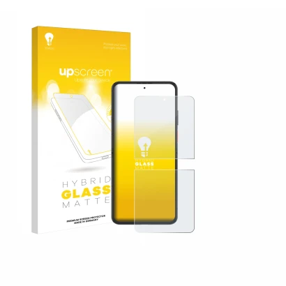 Parte frontal de un envase de producto con el logotipo de la marca upscreen. Al lado se muestra el dispositivo Nubia Flip 2 co