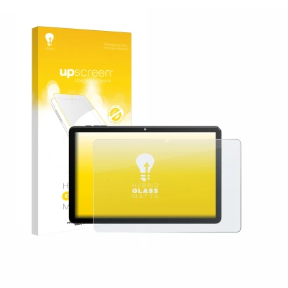 Parte frontal de un envase de producto con el logotipo de la marca upscreen. Al lado se muestra el dispositivo Rebecco Z50 10.