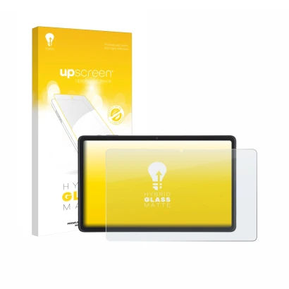 Parte frontal de un envase de producto con el logotipo de la marca upscreen. Al lado se muestra el dispositivo Acepad A171 10.