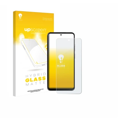 Parte frontal de un envase de producto con el logotipo de la marca upscreen. Al lado se muestra el dispositivo Motorola Moto G