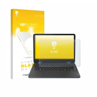 Parte frontal de un envase de producto con el logotipo de la marca upscreen. Al lado se muestra el dispositivo Lenovo 500w 2-i