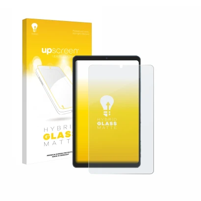 Parte frontal de un envase de producto con el logotipo de la marca upscreen. Al lado se muestra el dispositivo Chuwi AuPad Min