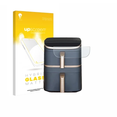 Parte frontal de un envase de producto con el logotipo de la marca upscreen. Al lado se muestra el dispositivo Cosori Turbo To