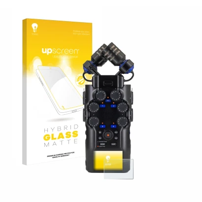 Parte frontal de un envase de producto con el logotipo de la marca upscreen. Al lado se muestra el dispositivo Zoom H6 studio 