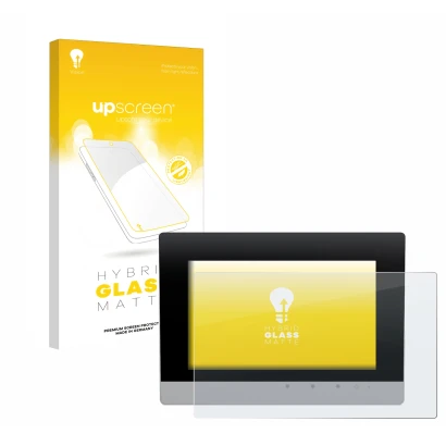 Parte frontal de un envase de producto con el logotipo de la marca upscreen. Al lado se muestra el dispositivo WAGO Touch Pane