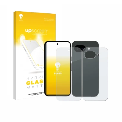 Parte frontal de un envase de producto con el logotipo de la marca upscreen. Al lado se muestra el dispositivo Google Pixel 10