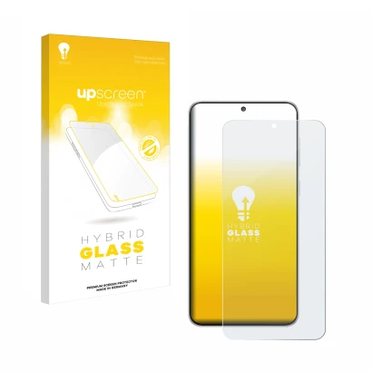 Parte frontal de un envase de producto con el logotipo de la marca upscreen. Al lado se muestra el dispositivo Samsung Galaxy 