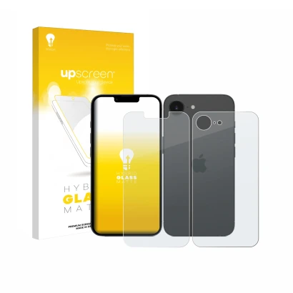 Parte frontal de un envase de producto con el logotipo de la marca upscreen. Al lado se muestra el dispositivo Apple iPhone 17