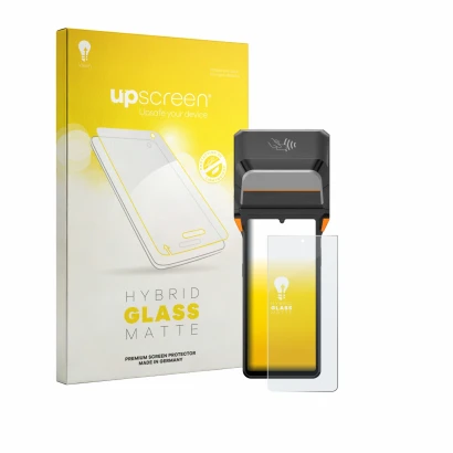 Parte frontal de un envase de producto con el logotipo de la marca upscreen. Al lado se muestra el dispositivo Sunmi V3 Plus c