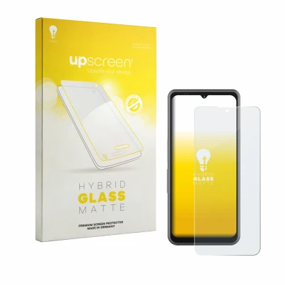 Parte frontal de un envase de producto con el logotipo de la marca upscreen. Al lado se muestra el dispositivo Sonim XP Pro E 
