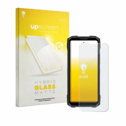Parte frontal de un envase de producto con el logotipo de la marca upscreen. Al lado se muestra el dispositivo Doogee V Max 2 