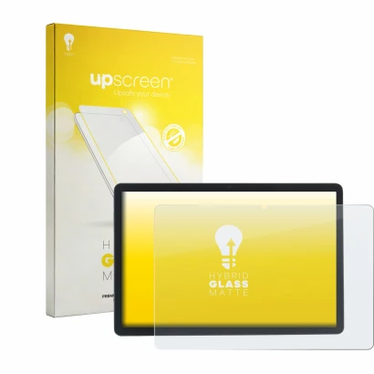 Parte frontal de un envase de producto con el logotipo de la marca upscreen. Al lado se muestra el dispositivo Acepad A172 con