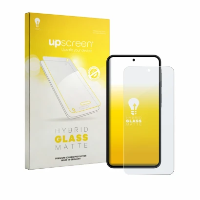 Parte frontal de un envase de producto con el logotipo de la marca upscreen. Al lado se muestra el dispositivo Samsung Galaxy 