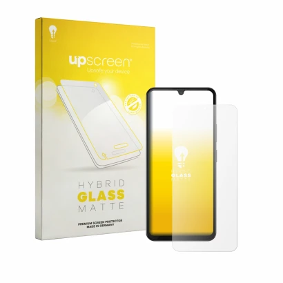 Parte frontal de un envase de producto con el logotipo de la marca upscreen. Al lado se muestra el dispositivo Doogee M30 con 