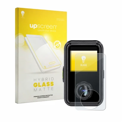 Parte frontal de un envase de producto con el logotipo de la marca upscreen. Al lado se muestra el dispositivo Vantrue E360 Ac