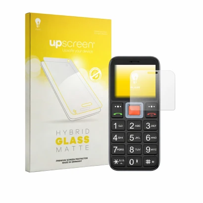 Parte frontal de un envase de producto con el logotipo de la marca upscreen. Al lado se muestra el dispositivo Easyfone Prime 
