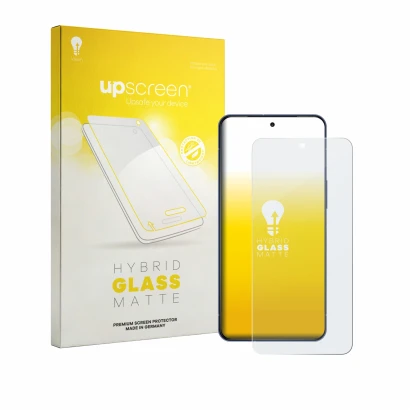 Parte frontal de un envase de producto con el logotipo de la marca upscreen. Al lado se muestra el dispositivo Sharp Aquos R11