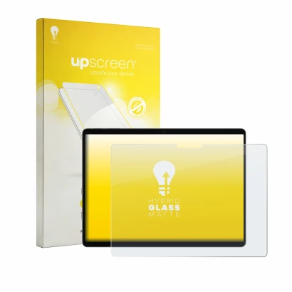Parte frontal de un envase de producto con el logotipo de la marca upscreen. Al lado se muestra el dispositivo Microsoft Surfa