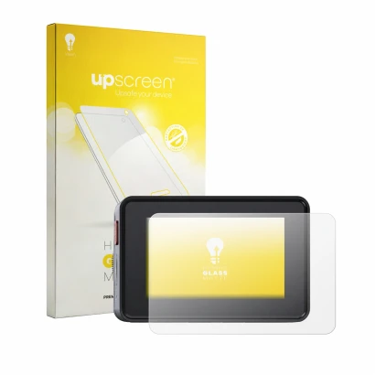Parte frontal de un envase de producto con el logotipo de la marca upscreen. Al lado se muestra el dispositivo Vantrue Element