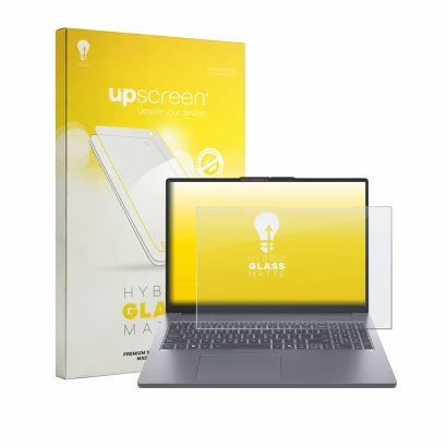 Parte frontal de un envase de producto con el logotipo de la marca upscreen. Al lado se muestra el dispositivo Lenovo IdeaPad 