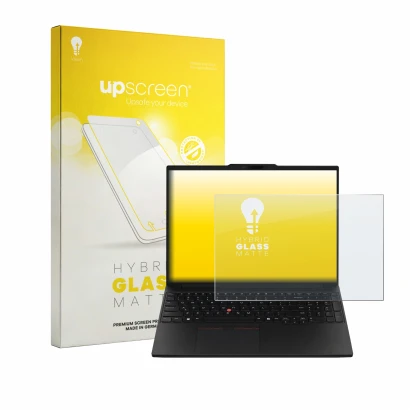 Parte frontal de un envase de producto con el logotipo de la marca upscreen. Al lado se muestra el dispositivo Lenovo ThinkPad