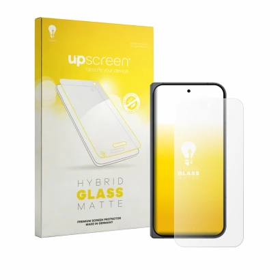 Parte frontal de un envase de producto con el logotipo de la marca upscreen. Al lado se muestra el dispositivo Google Pixel 11