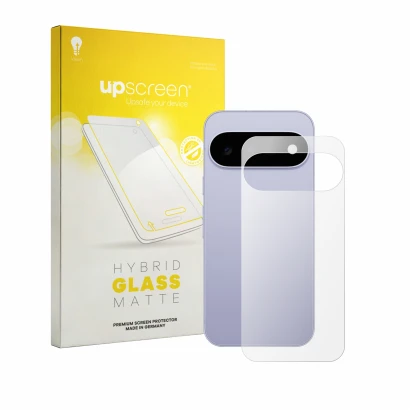 Parte frontal de un envase de producto con el logotipo de la marca upscreen. Al lado se muestra el dispositivo Google Pixel 11