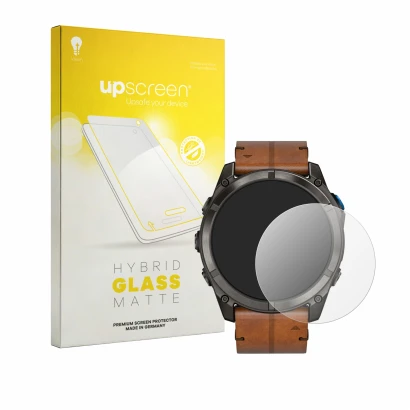Parte frontal de un envase de producto con el logotipo de la marca upscreen. Al lado se muestra el dispositivo Garmin D2 Mach 