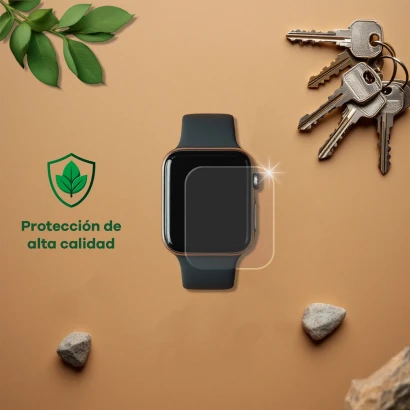 Dispositivo con protector de pantalla, junto a llaves, piedras, hojas y el texto "Protección de alta calidad".