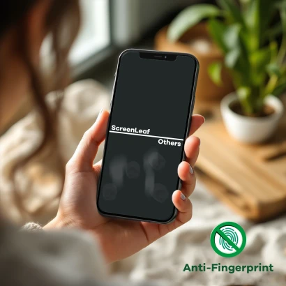 Smartphone con dos láminas protectoras, ScreenLeaf arriba y otra debajo. Las huellas dactilares son claramente visibles en la 
