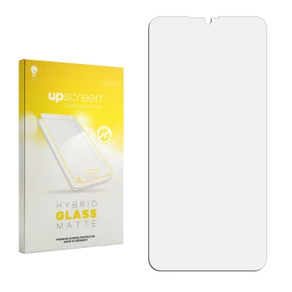 Parte frontal de un envase de producto con el logotipo de la marca upscreen. Al lado está el protector de pantalla correspondi
