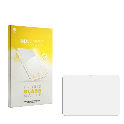 Parte frontal de un envase de producto con el logotipo de la marca upscreen. Al lado está el protector de pantalla correspondi