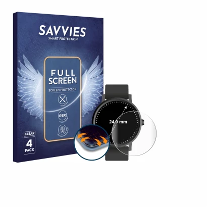 Parte frontal de un envase de producto con el logotipo de la marca Savvies. Al lado se muestra el dispositivo Relojes (Circula