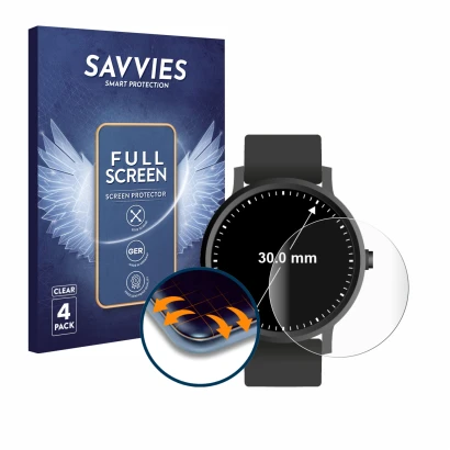 Parte frontal de un envase de producto con el logotipo de la marca Savvies. Al lado se muestra el dispositivo Relojes (Circula