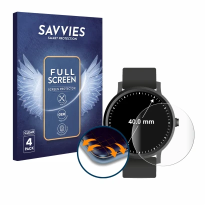 Parte frontal de un envase de producto con el logotipo de la marca Savvies. Al lado se muestra el dispositivo Relojes (Circula