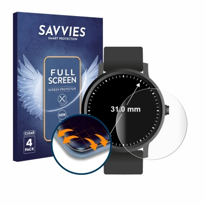 Parte frontal de un envase de producto con el logotipo de la marca Savvies. Al lado se muestra el dispositivo Relojes (circula