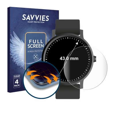 Parte frontal de un envase de producto con el logotipo de la marca Savvies. Al lado se muestra el dispositivo Relojes (Circula