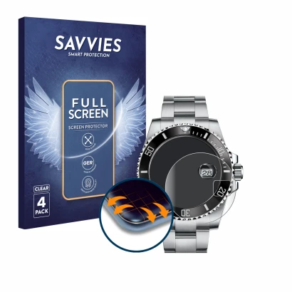 Parte frontal de un envase de producto con el logotipo de la marca Savvies. Al lado se muestra el dispositivo Rolex Submariner