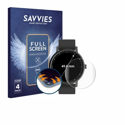 Parte frontal de un envase de producto con el logotipo de la marca Savvies. Al lado se muestra el dispositivo Relojes (Circula