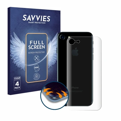 Parte frontal de un envase de producto con el logotipo de la marca Savvies. Al lado se muestra el dispositivo Apple iPhone 7 T