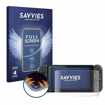 Parte frontal de un envase de producto con el logotipo de la marca Savvies. Al lado se muestra el dispositivo Nintendo Switch 