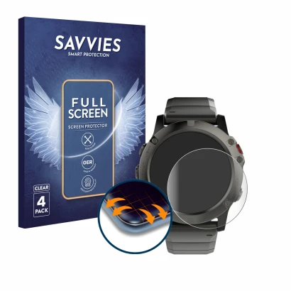 Parte frontal de un envase de producto con el logotipo de la marca Savvies. Al lado se muestra el dispositivo Garmin Fenix 5X 