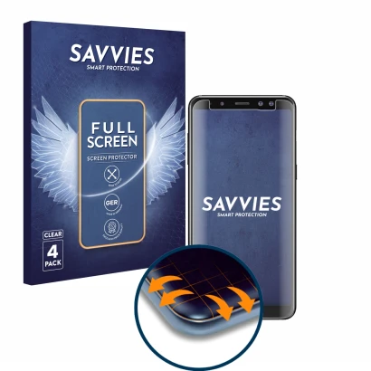 Parte frontal de un envase de producto con el logotipo de la marca Savvies. Al lado se muestra el dispositivo Samsung Galaxy A