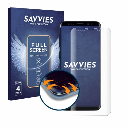 Parte frontal de un envase de producto con el logotipo de la marca Savvies. Al lado se muestra el dispositivo Samsung Galaxy S