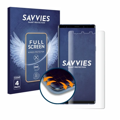Parte frontal de un envase de producto con el logotipo de la marca Savvies. Al lado se muestra el dispositivo Samsung Galaxy N