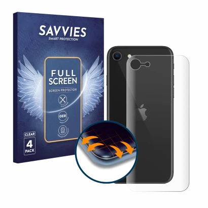 Parte frontal de un envase de producto con el logotipo de la marca Savvies. Al lado se muestra el dispositivo Apple iPhone SE 