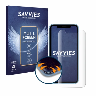 Parte frontal de un envase de producto con el logotipo de la marca Savvies. Al lado se muestra el dispositivo Apple iPhone XR 