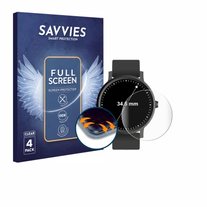 Parte frontal de un envase de producto con el logotipo de la marca Savvies. Al lado se muestra el dispositivo Relojes (Circula